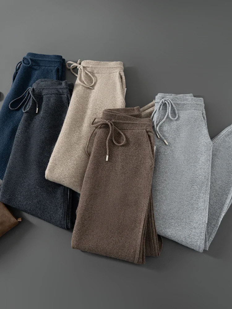 

Vintage Drawstring Casual Knitted Pants Men's Autumn Winter New Chic Solid Color Pencil Pants 100% Cashmere Thick Warm Trousers