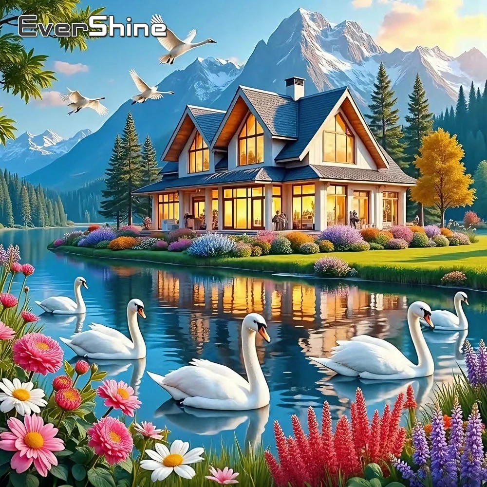 Embroidery Cross Stitch Patterns - Evershine Paesaggio con Cigni, Mosaico Diamantato,