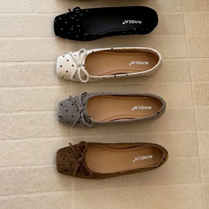 2026 Fashion Polka Dot Design Daily Casual Women's Flats and Loafers Bow Decor Square Toe Lightweight Women Shoe  