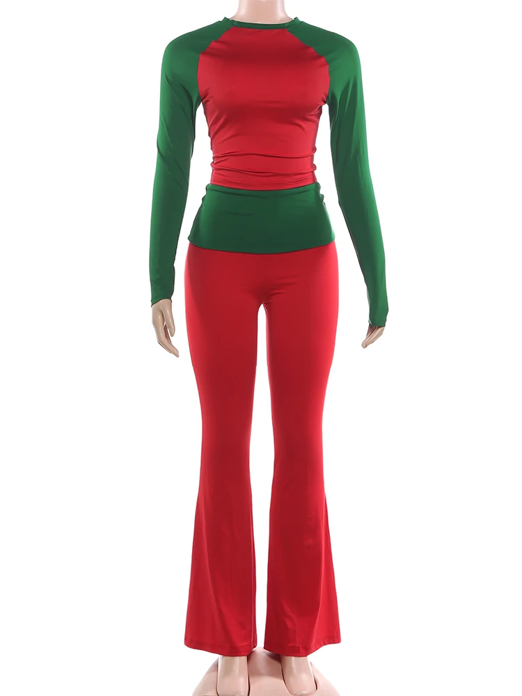 Conjunto de 2 piezas para fiesta de Navidad de Nibber, conjunto de mujer con contraste de retazos y cuello redondo, Tops de manga completa + Pantalones largos de cintura alta, traje de moda Casual