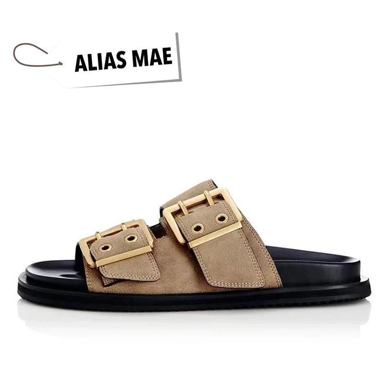 ALIAS MAE2025 Spring New Suede Flat Flat One Word Buckle Women's Outdoor Home Sandals