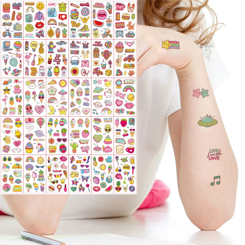30pcs Small Cartoon Tattoo Stickers Disposable Fruit Star Sun Pattern Temporary Tattoos for Hand Finger Fake Tattoo