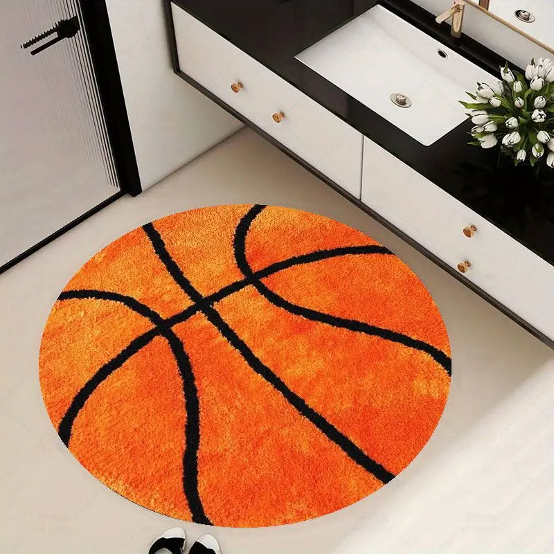 Basketball Pattern Round Rug Flannel Soft Home Decor Sports Theme Kids Playroom Gym Locker Room Non Slip Floor Carpet Athletic