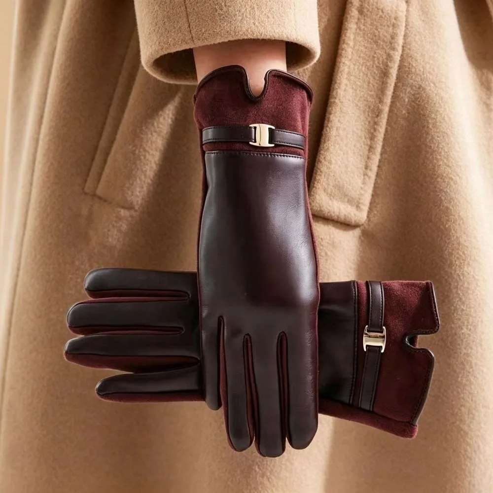 Fleece Lined Leather Gloves Elegant Style Solid Color Winter Mittens Soft Lining Metal Buckle Thermal Hand Warmer Cycling