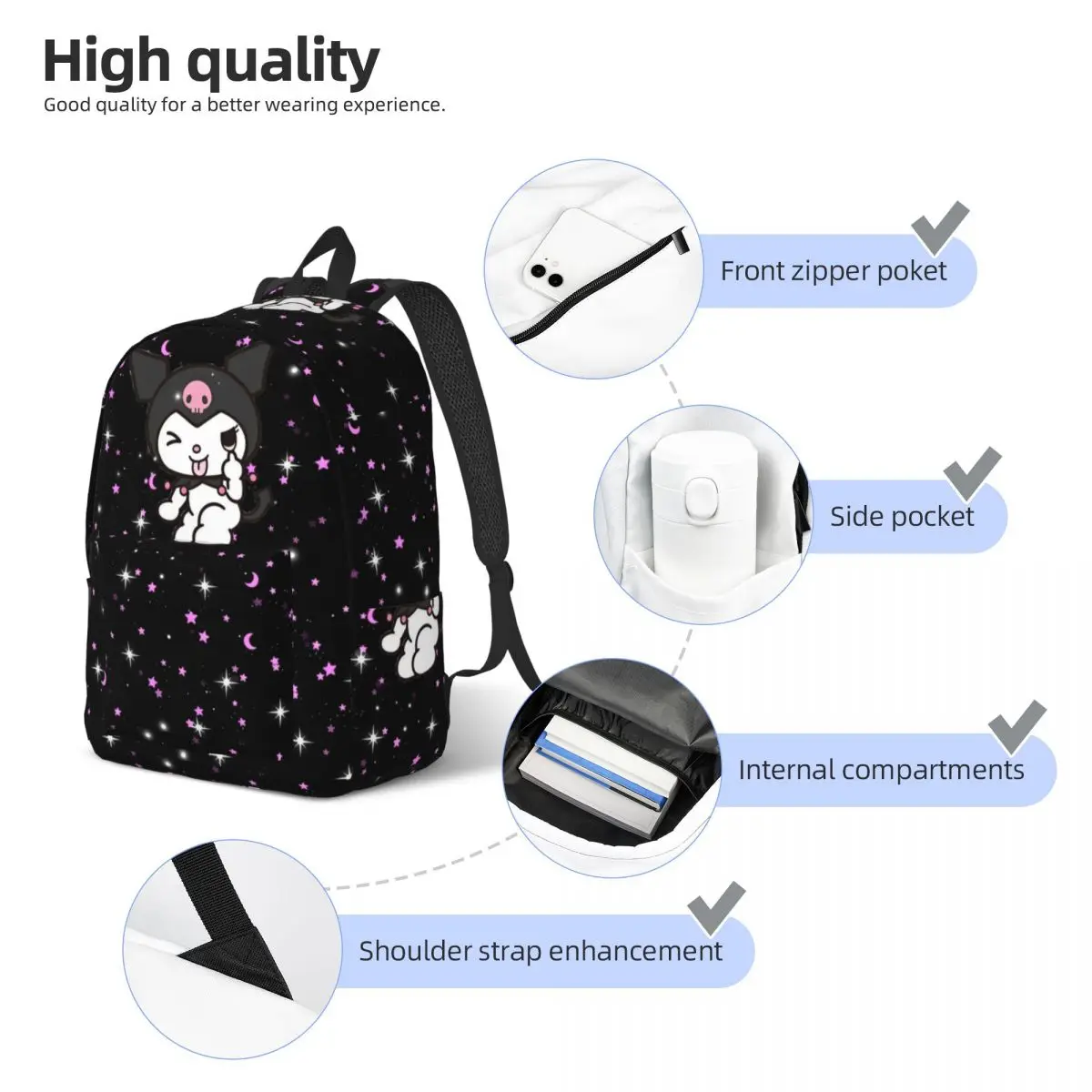 Mochila escolar de lona con dibujos animados Kawaii para adolescentes, conejo negro, mochila escolar para estudiantes, escuela secundaria primaria, senderismo