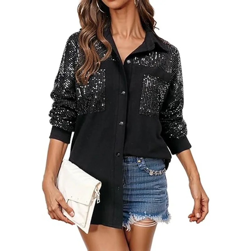 

2025 Women's New Fashion Sequined Long Sleeved Elegant Ladies Lapel Shirt With A Double Layered Casual Style Pocket Blouses