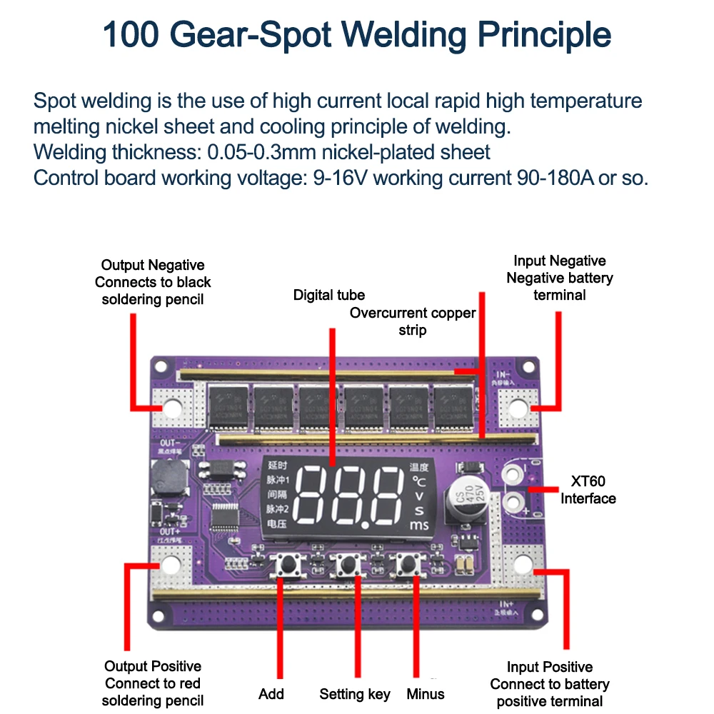 K100 90A~180A Spot Welder Control Board Adjustable Double Pulse LED Digital Display Spot Welder Main Board DC 9V~16V