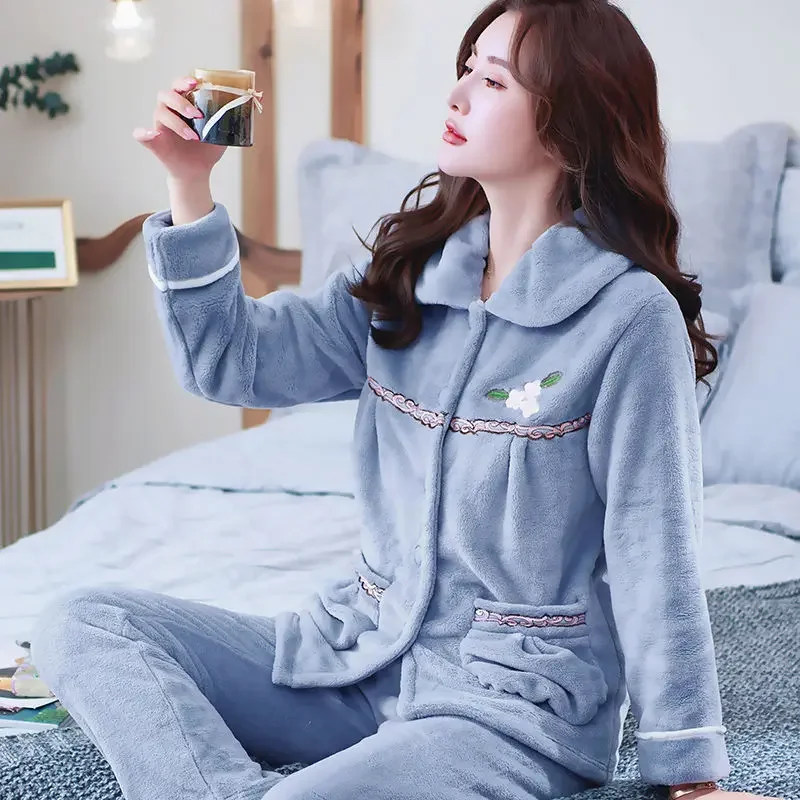 Autumn Winter Thicken Flannel Women Pajamas Set Two-piece suit Warm Loose Long-sleeve Female Casual Home service Single-breasted