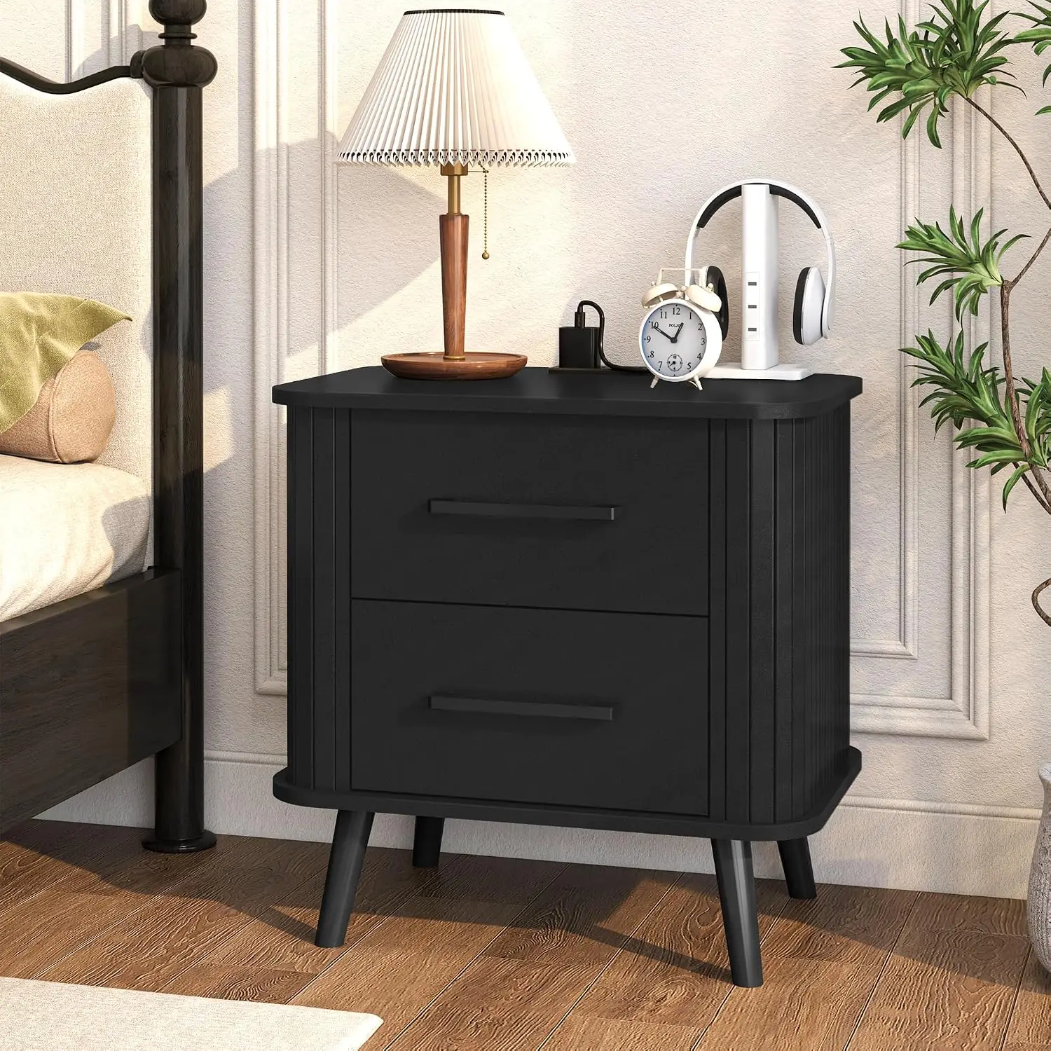 Night Stand with Charging Station & 2 Drawers for Bedroom, Brown | Mid-century Modern Fluted Nightstand, Wood Bed , Customized