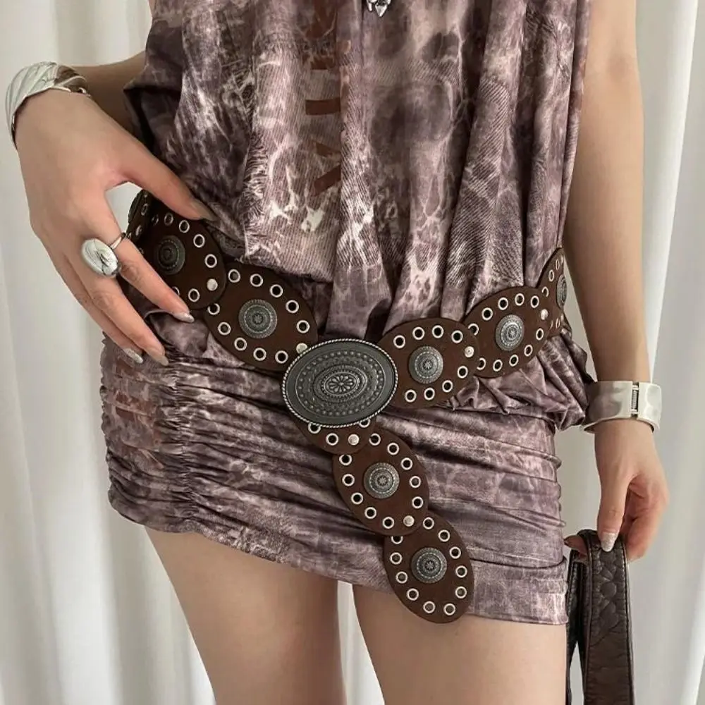 Cintura da donna vintage di nicchia in pelle PU Y2k cintura ovale in vita punk nero marrone abito jeans cintura accessori in vita