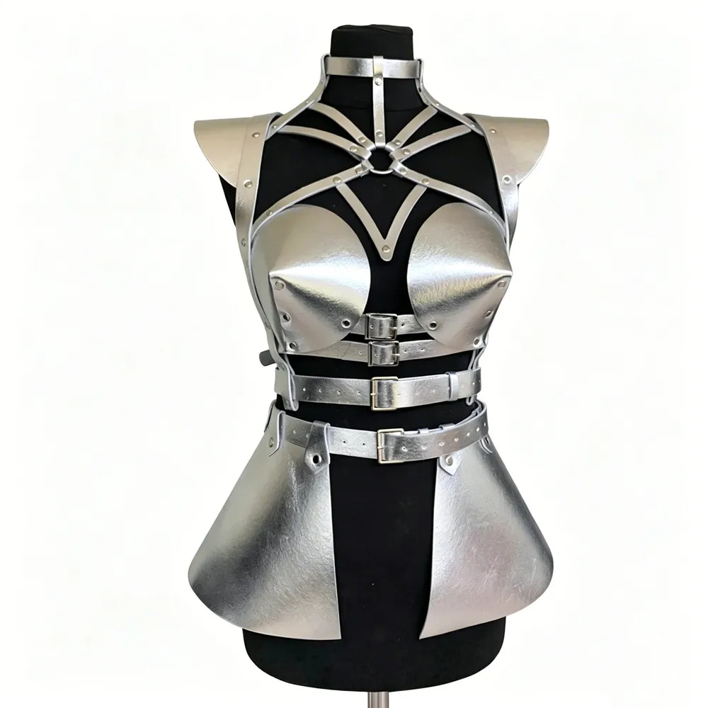 Halloween Rave Outfit Women Iridescent Leather Armor Harness Corset Skirt Set Festival Party Clubwear Stage Performance Costume