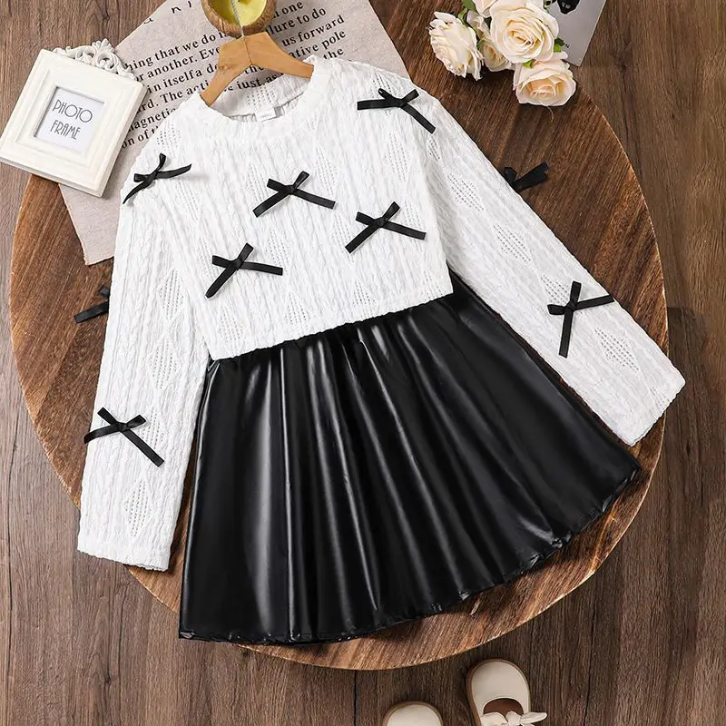 2-Piece Set: Girls' White Bow-Knot Hollow-Out Long-Sleeve Top + Black Pu Leather Skirt Set, Sweet and Cute Fashionable Skirt Set