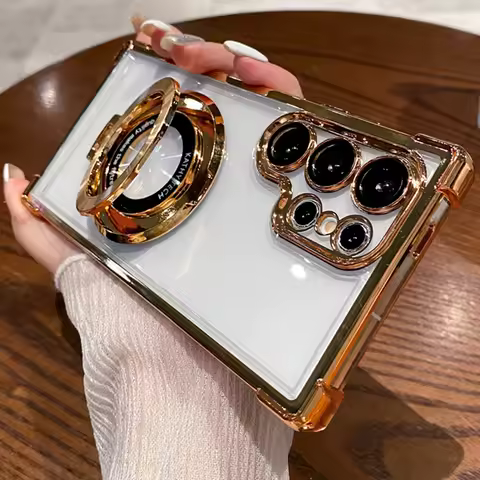 Four Corners Anti Drop Transparent Electroplated Magnetic Stand Protective Case For Samsung Galaxy S25 S24 S23 S22 21 Ultra Plus