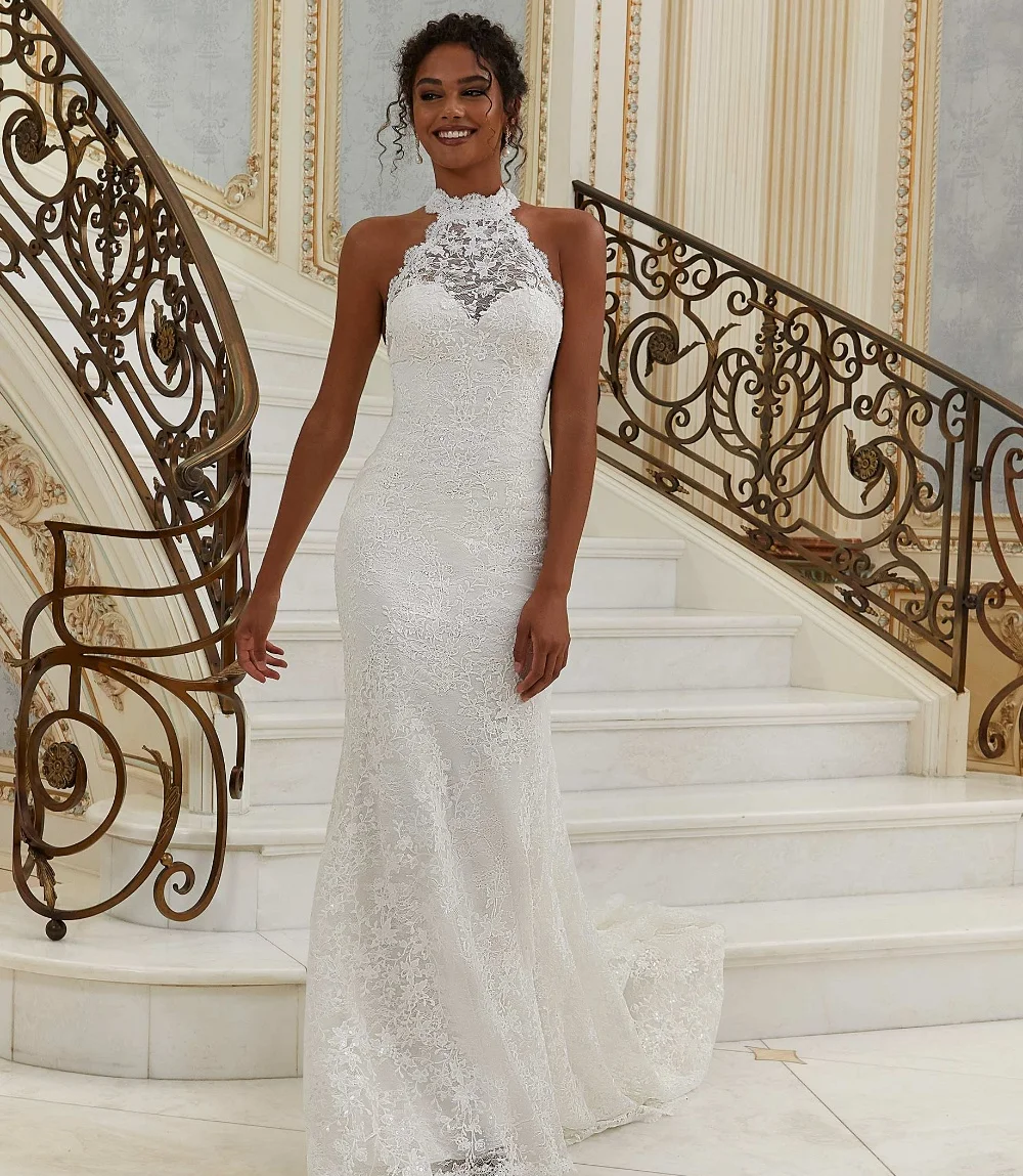 

Customized Halter Lace Mermaid Wedding Dress Lace Appliques Sequins Beaded Bride Dress Bridal Gowns Vestido De Noiva YMW91