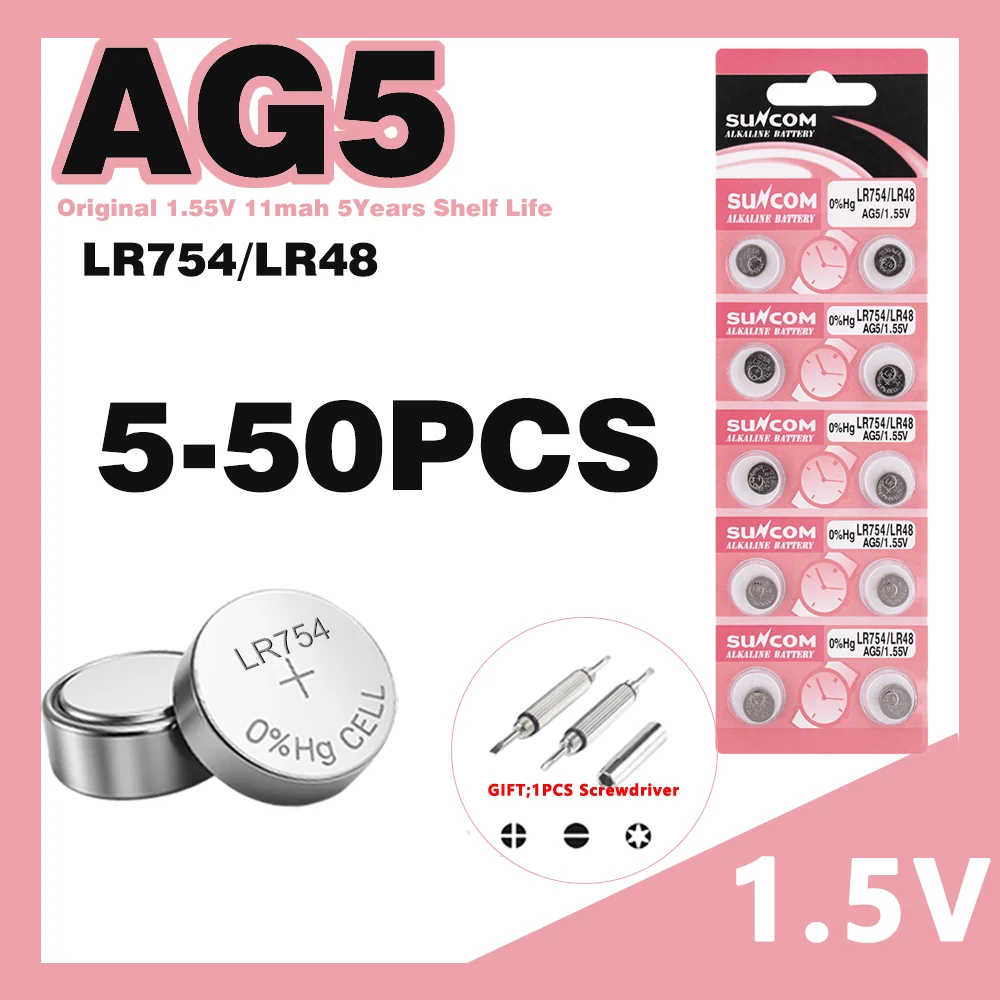 5-50PCS 1.55V AG5 LR754 Button Batteries 193 393 SR754 Round Cell Coin Alkaline Battery L754 SR754SW LR48 For Watch Toys Clock