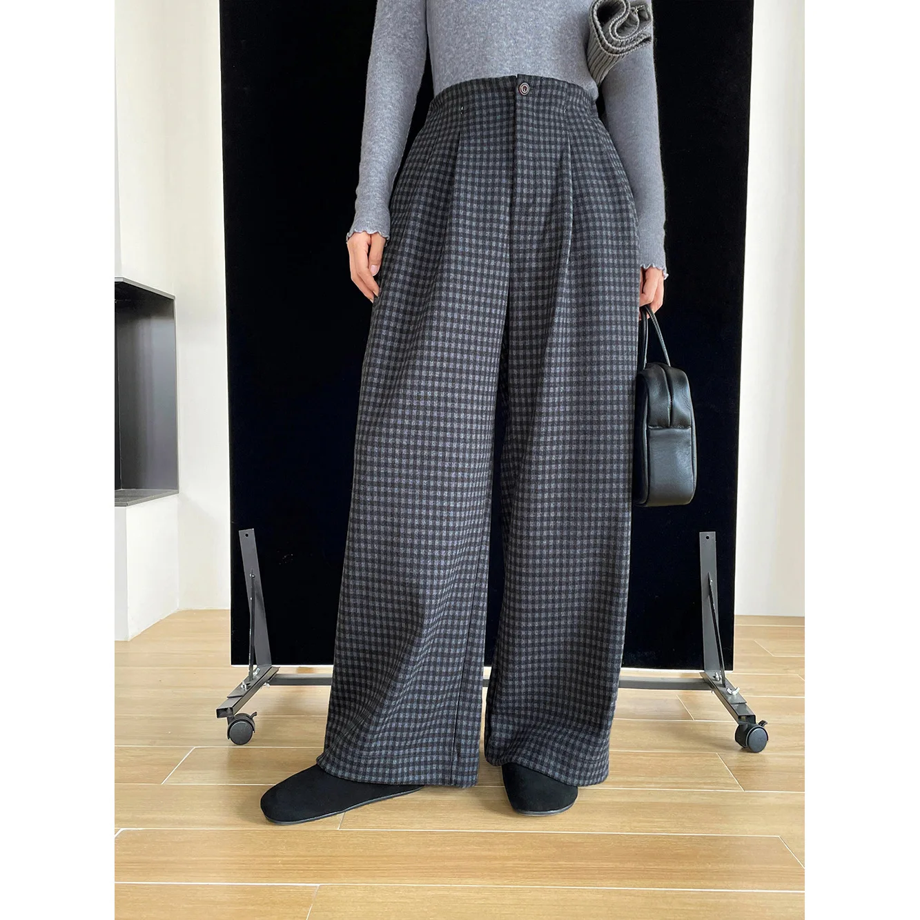 Plaid Woolen Pants Women Elastic Waisted Straight Leg Pant In 2024 Winter