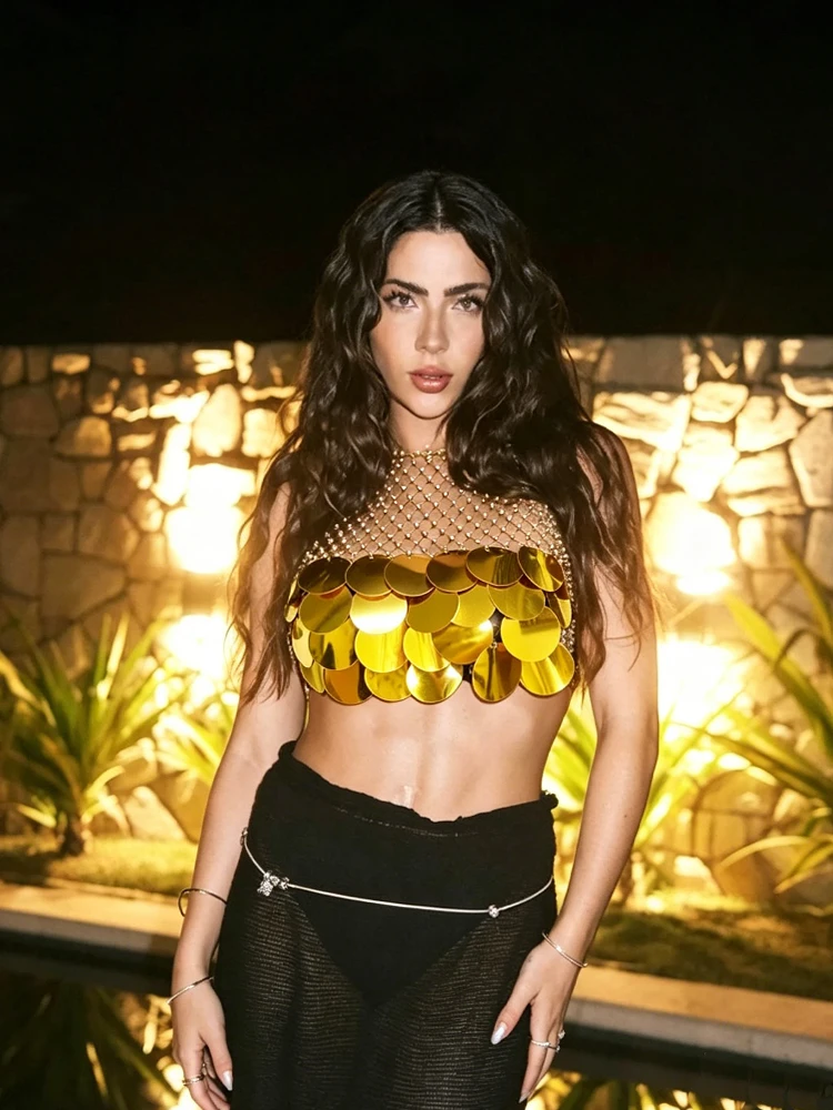 Fashion Acrylic Sequins Backless Crop Tops Shiny Rhinestone Mesh Hollow See Through Mesh Sexy Tank Top Rave Nightclub Party Top