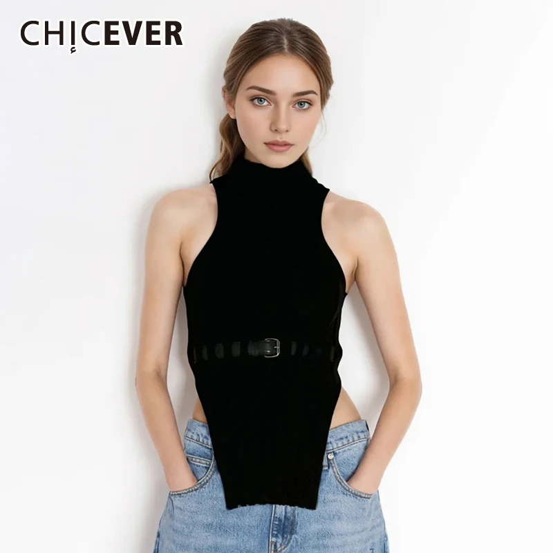 

CHICEVER Streetwear Patchwork Belt Solid Tank Tops For Women Turtleneck Sleeveless Minimalist Slimming Knitting Vests Female New