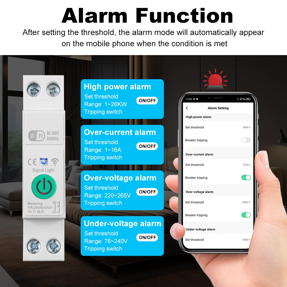 Manhot WiFi Smart Circuit Breaker MCB 1P+N 16A Timer Power Energy kWh Voltage Current Meter Protector Wotk Tuya APP /Smart Life