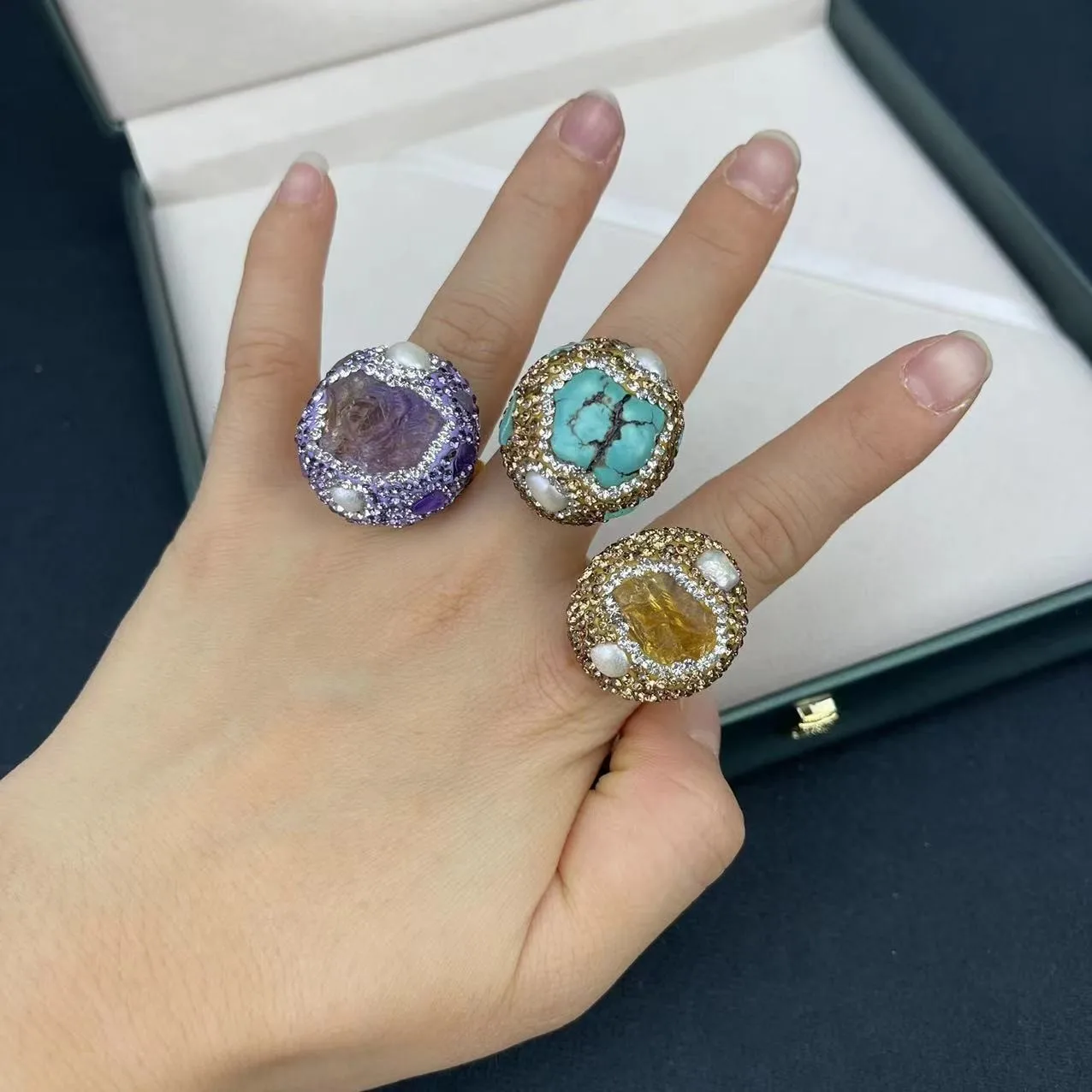 

DIY accessories New natural rough stone inlaid pearl live ring niche live broadcast jewelry popular natural stone original desig