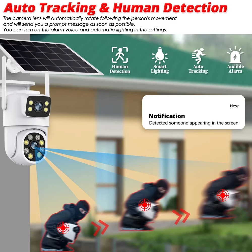 4K 8MP IP Solar Power Dual Lend WiFi Camera PTZ Outdoor IP66 Waterproof Built-in Battery Surveillance Cam PIR Human Detection