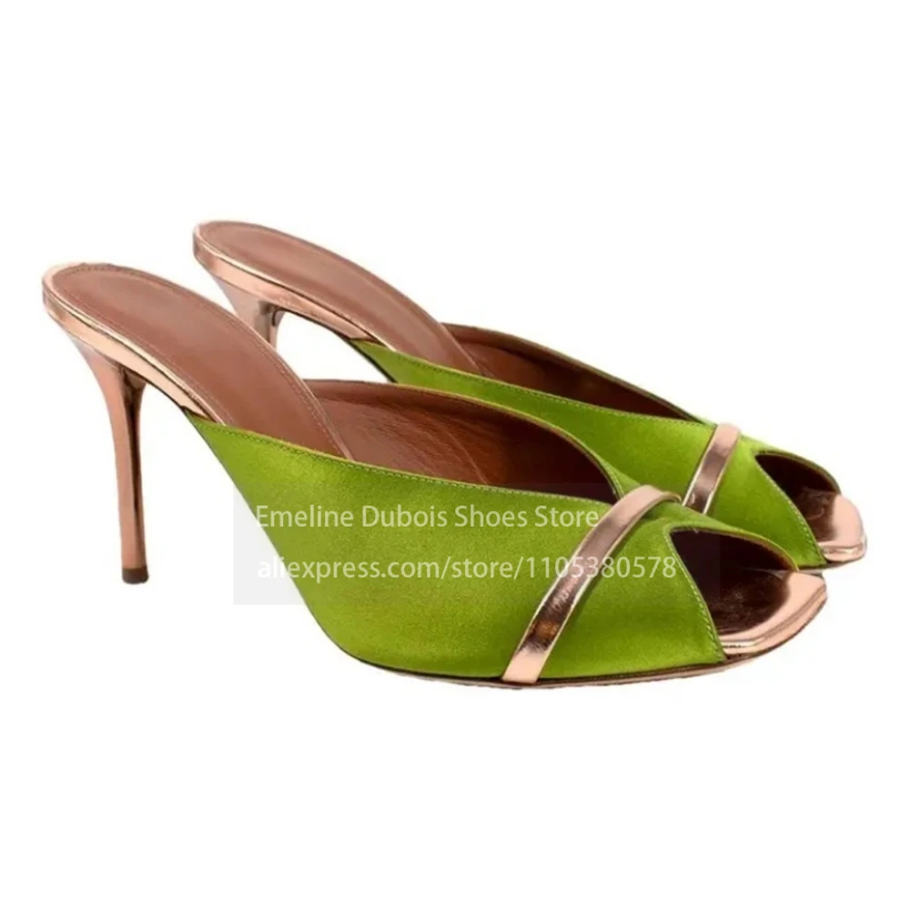 Satin Metallic Trim Peep Toe Stilettos Mules Slip on Square Toe High Heel Sandals Elegant Luxury Daily Wedding Party Plus Size
