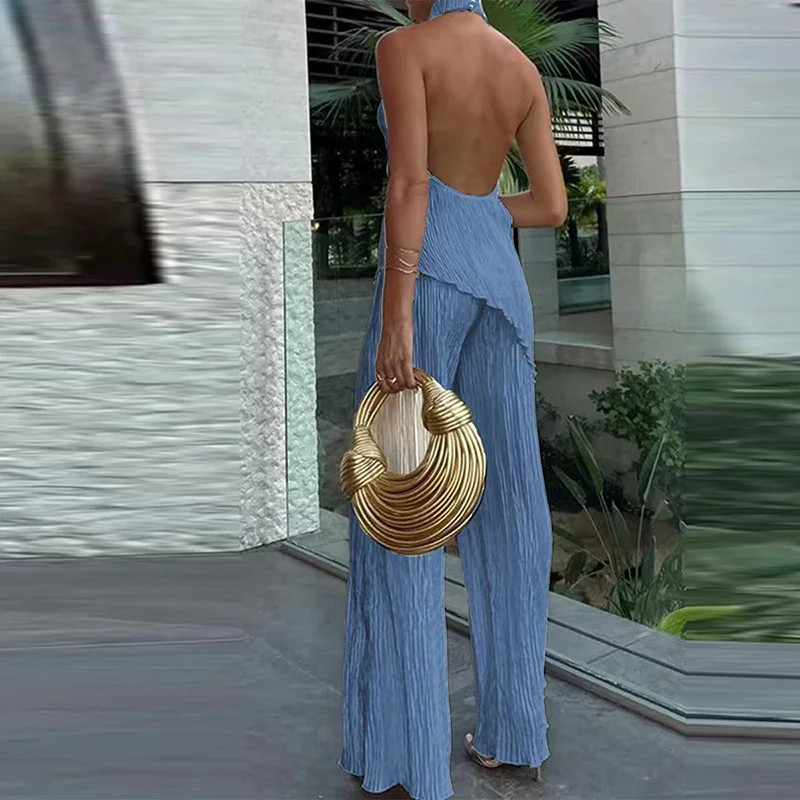 High street halter sem costas blusa & calças de perna larga conjunto verão elegante duas peças festa clube terno 2025 chique dobras roupa feminina