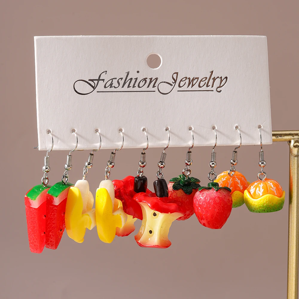 Cute Resin 3D Simulation Fruit Earrings for Women Girls Strawberry Banana Orange Apple Dangle Earrings Kid's Jewelry Gift
