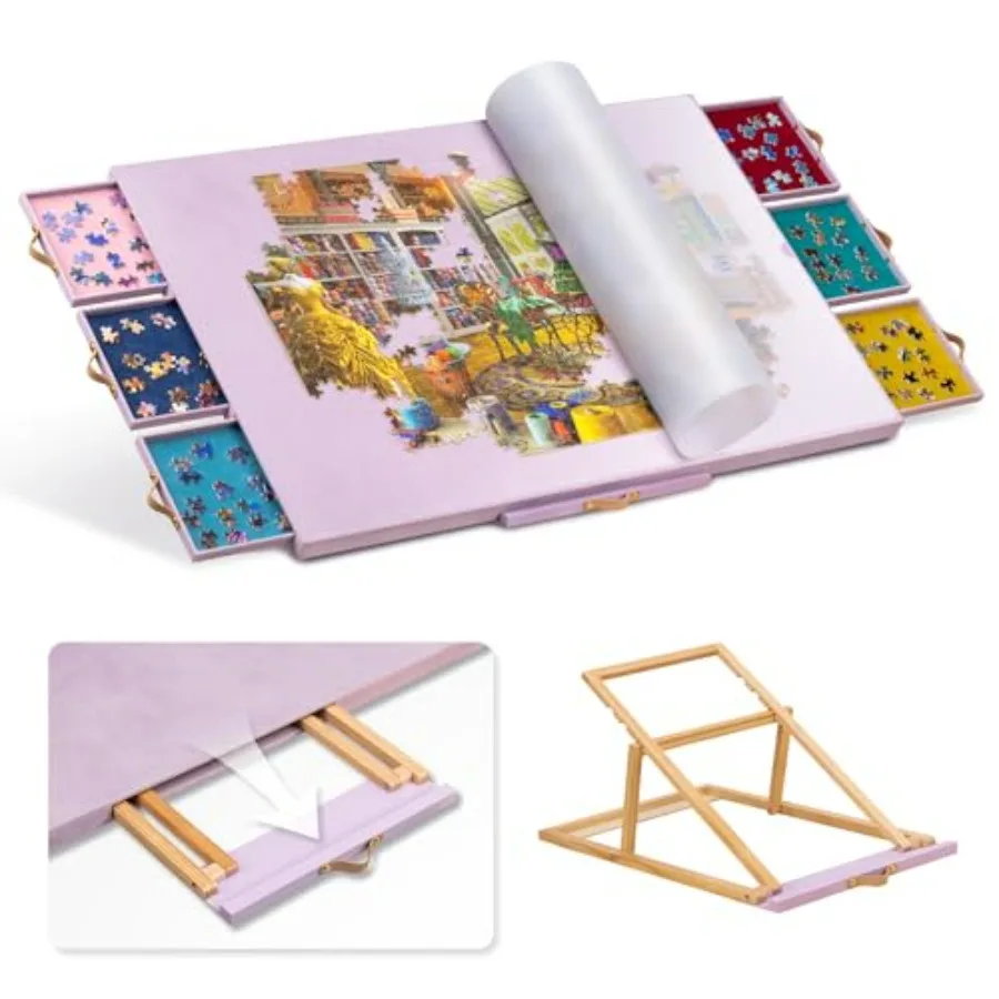 

Jigsaw Puzzle Table for home use, flannelette-covered, gray, non-slip surface with 3-tilting-angle stand, 6 sorting drawers, ho