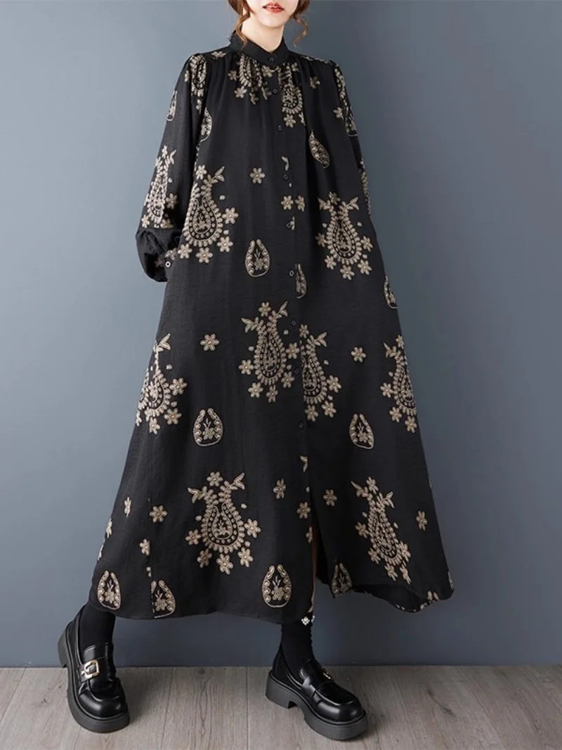 2025 Spring And Autumn Women Loose Large Size Stand Up Collar Fashionable Printed Dress Mid Length Temperament Shirt Dress w1323