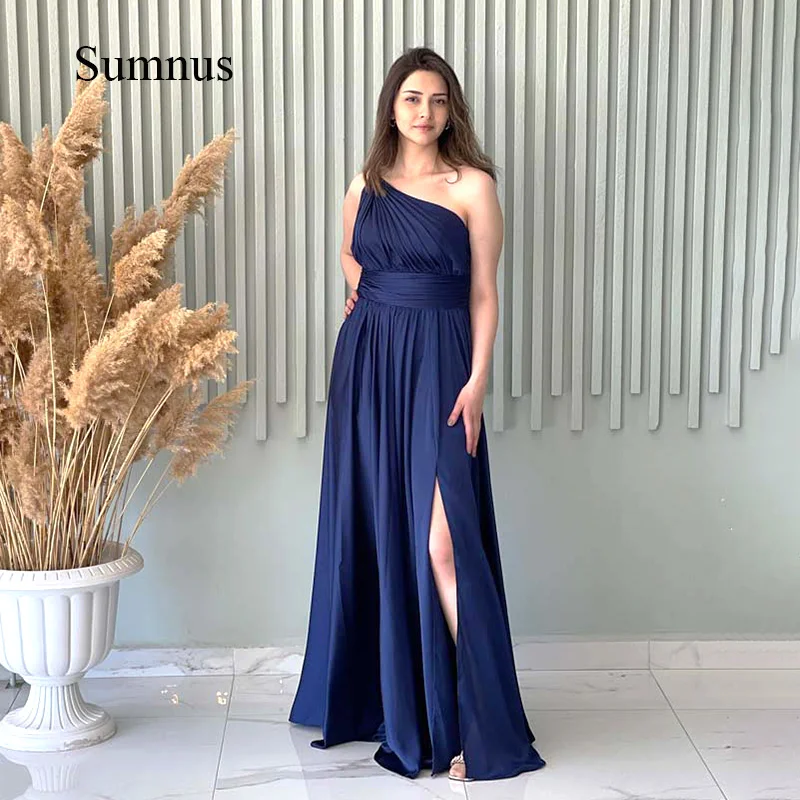 Royal Blue Evening Dress One Shoulder Side Slit Prom Dresses Pleats Strapless Party Gown Formal Women Evening Gowns Plus Size