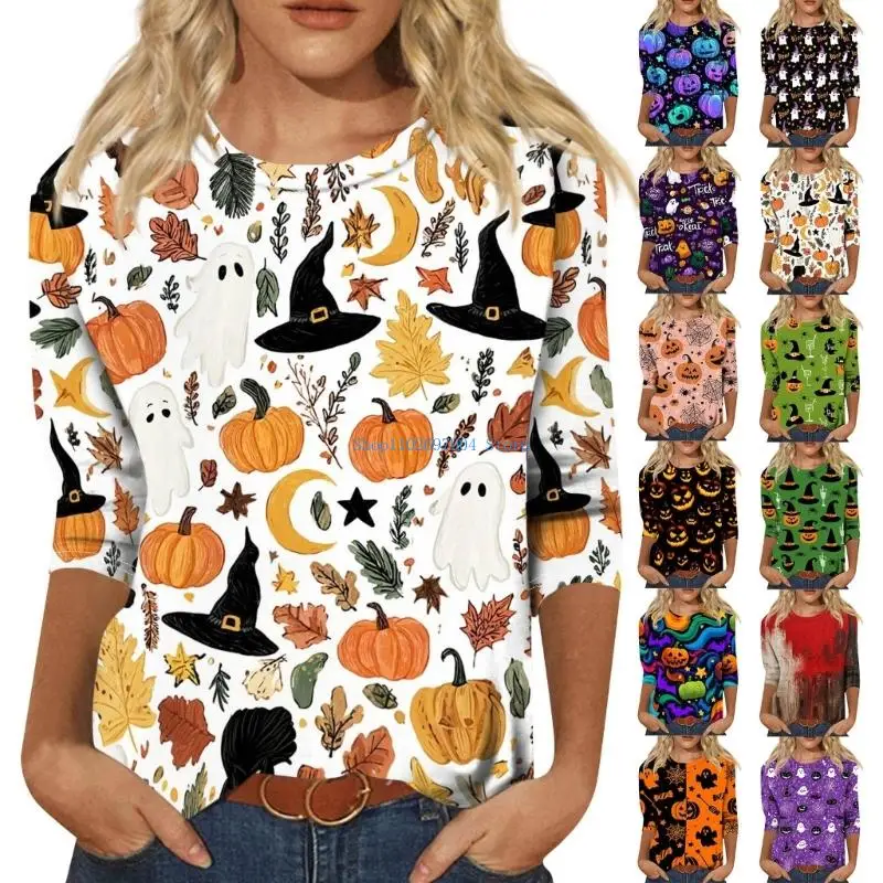 N7YF Halloween Shirts for Women Fall Halloween Funny Graphic 3/4 Sleeve Tops Crewneck Vintage Castle Horror Tees