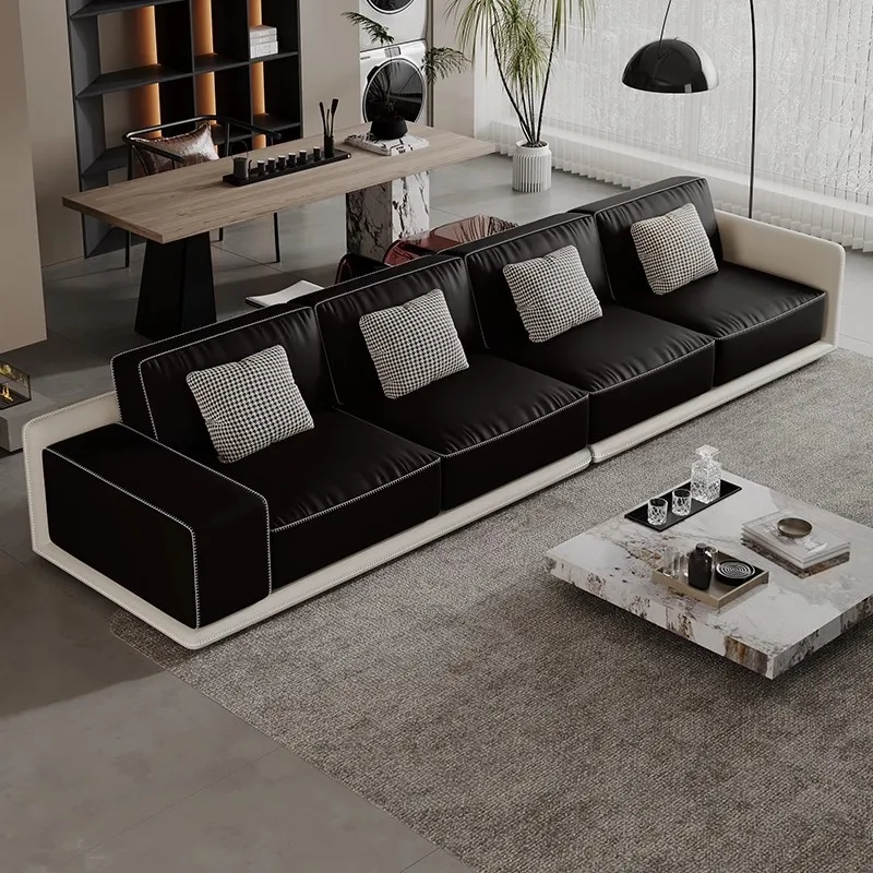 Italian first-layer cowhide border sofa, large and small apartment solid wood straight row living room leather sofa