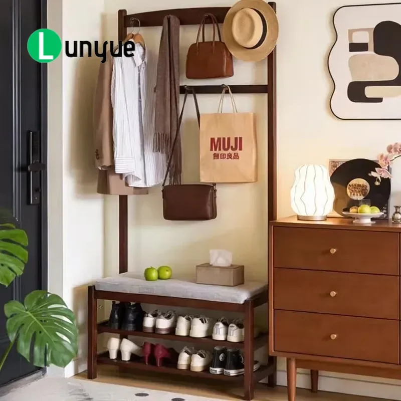 Solid Wood Shoe Bench with Soft Cushion Integrated Coat Rack and Hanger Entryway Storage Stool for Hallway Living Room Space