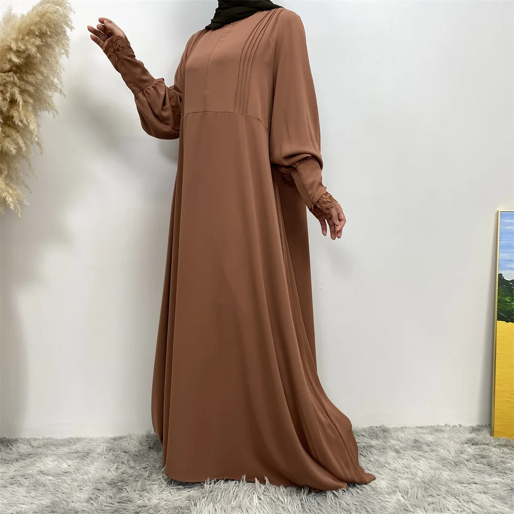 

Simple Luxury Sleeves with Lace Zipper Pleated Front Zipper Arabian Turkish Cardigan Robe Muslim Women Abaya