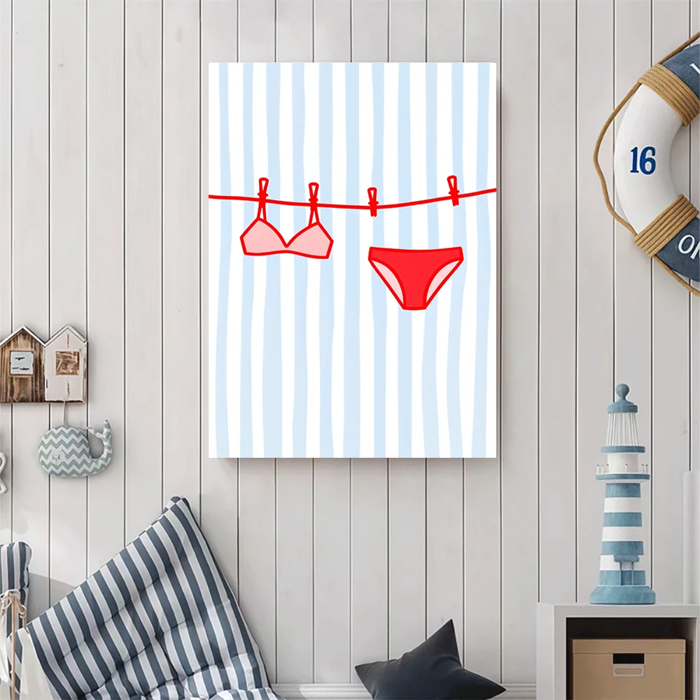 1PC-Unframed Canvas poster wall decoration  Red Bikini Set Hanging On Clothesline Striped Background