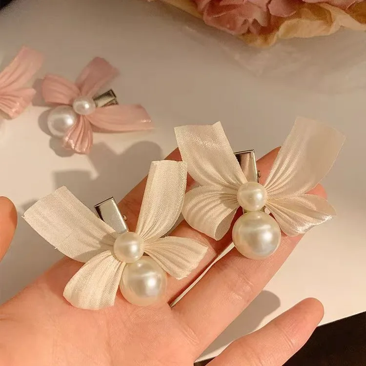 2PCS/Bag French Vintage Pearl Bowknot Hair Clips Hairpin Girly Heart Bang Clip Elegant Sweet Duckbill Clip Hair Accessories Gift