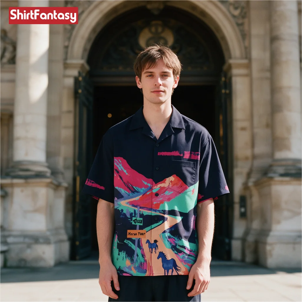 Mens Colorful Horse Year Mountain Print Cuban Collar Short Sleeve Shirt Casual Summer Button Up Shirt Streetwear Graphic Art Top