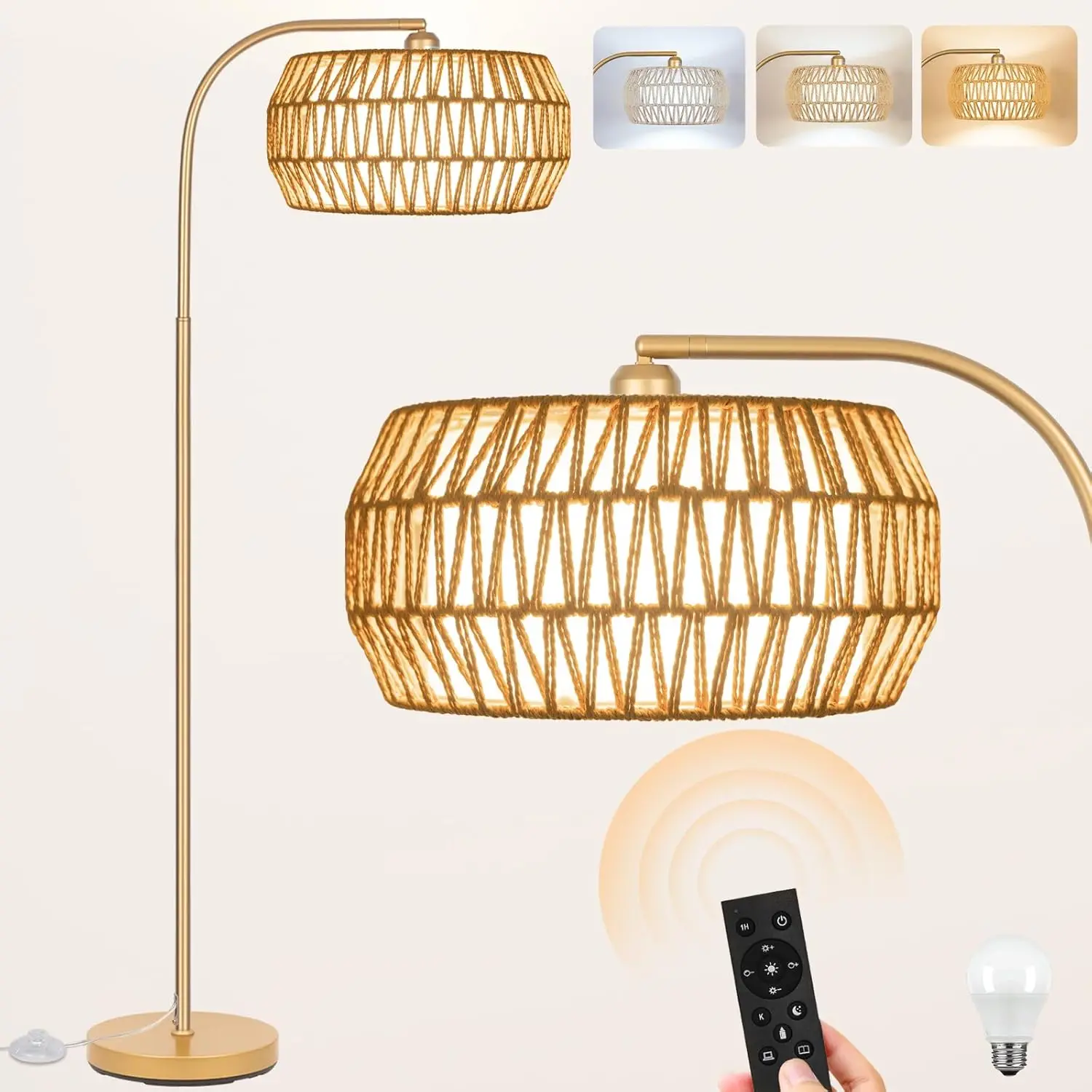 

Boho Gold Floor Lamp with Stepless Dimmable LED, 2-in-1 Rattan & Linen Shades, Mid Century Modern Tall Lamp for Living Room