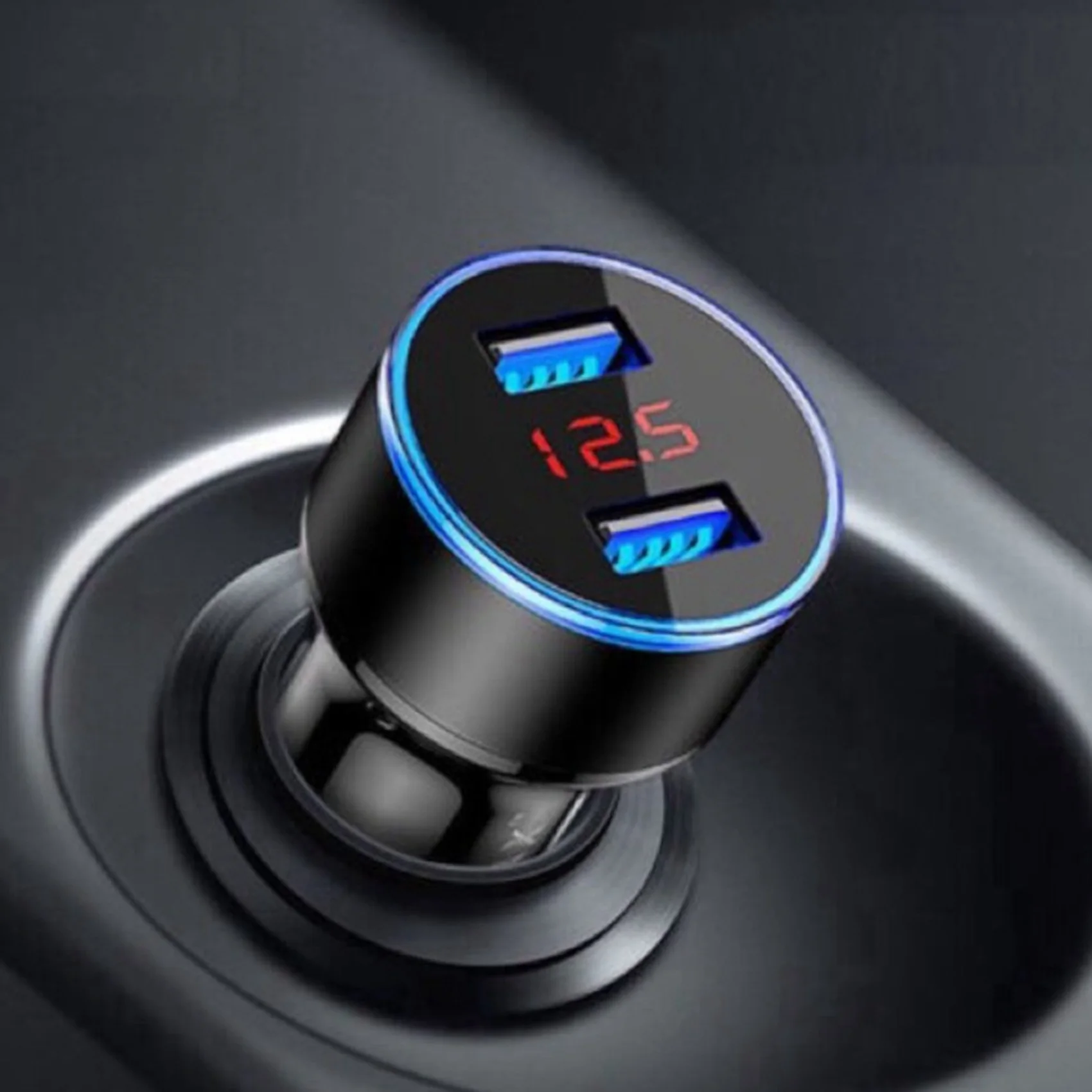 A51K-3.1A Dual USB Car Charger 2 Port LCD Display 12-24V Fast Quick Charging Auto Power Adapter with LED Light, Black