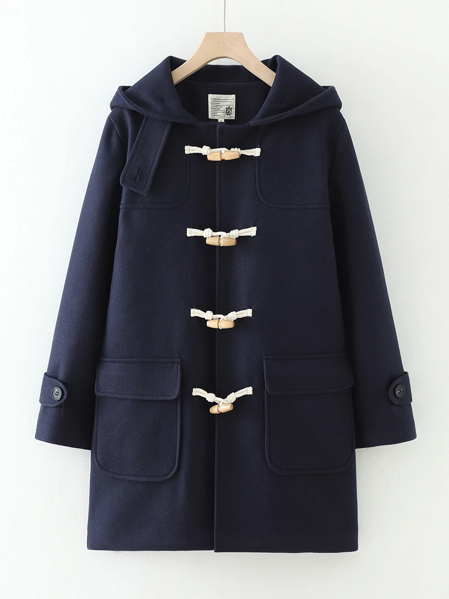 Winter Thickened Woolen Coat Women's Hooded Middle-Length Jacket Sweet Style Straight-Line Model Online Exclusive Student Fri...