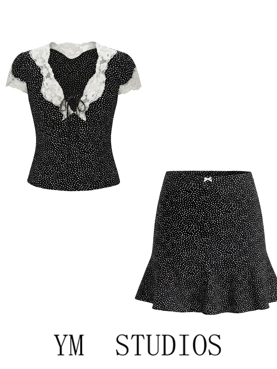 French Style Slim Fit Short Sleeve Deep V Neck Polka Dot Lace Splice Shirt Top Women's Summer Fashion Half Skirt Set