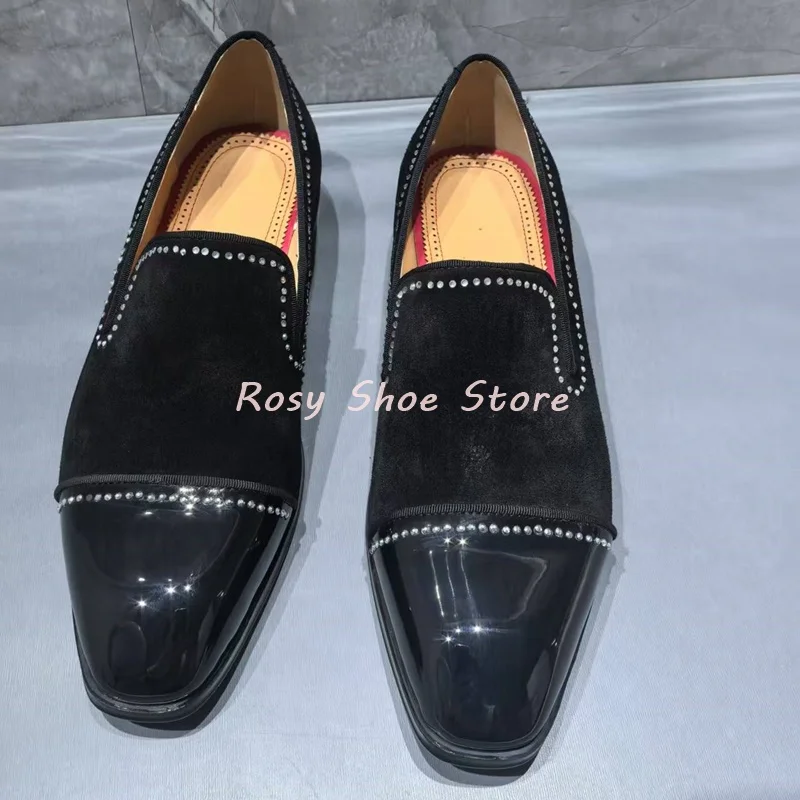 Men's Black Patent Suede Splicing Diamond Embellished Loafers Trendy Men's Formal Leather Shoe Casual Business Shoe Wedding Shoe