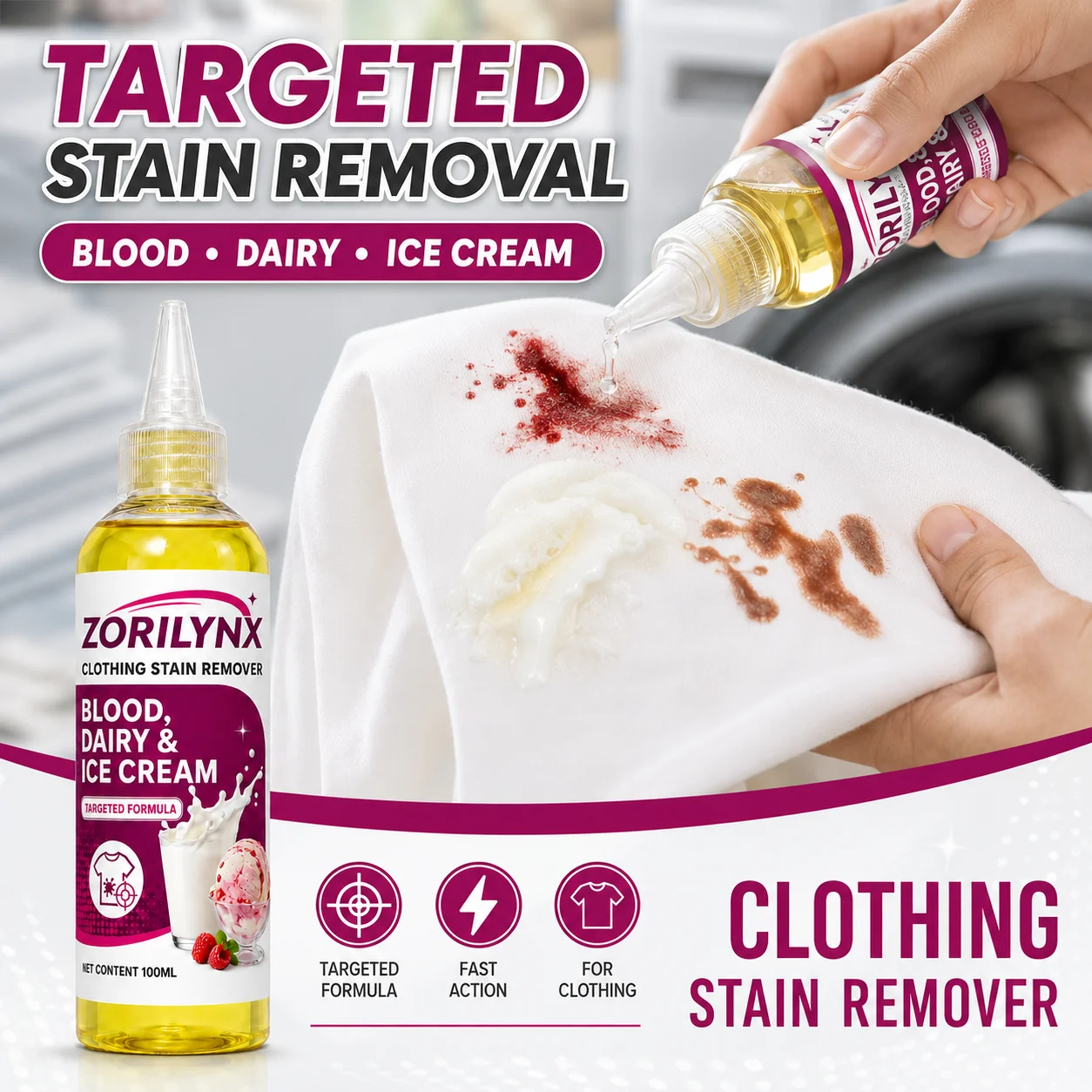 Targeted Fabric Stain Remover for Clothes, 100ml Spot Cleaning Solution for Blood, Milk, Ice Cream and Protein-Based Stains