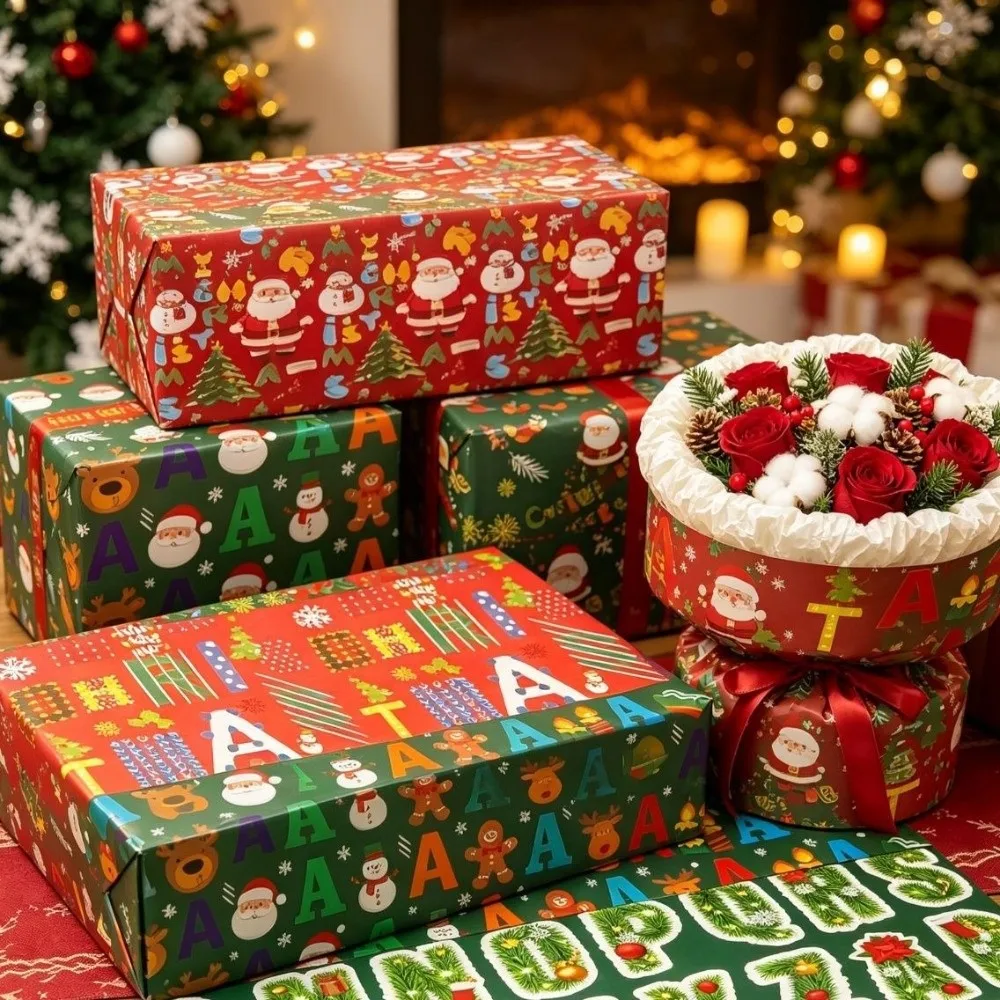 2Pcs Large Christmas Wrapping Paper Colorful Letter DIY Gift Wrapping Paper Santa Claus Christmas Tree Wrapping Paper Sheets