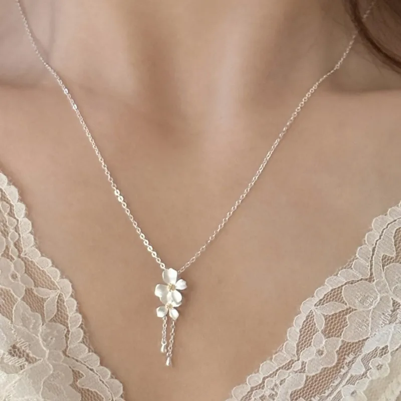 

VENTFILLE 925 Sterling Silver Flower Pendant Necklace for Women Tassel Chain Sweet Romantic Frosting Jewelry Gift Dropshipping