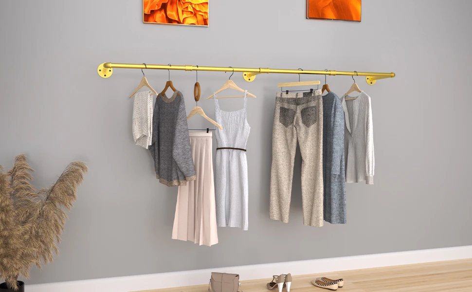 Industrial Pipe Metal Clothes Rail Wall Mounted Germent Rack Hanging Stand