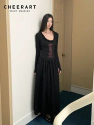 CHEERART Vintage Black Embroidered Long Sleeve Maxi Dress Women Designer Tunics A Line Long Formal Dress Autumn Clothing