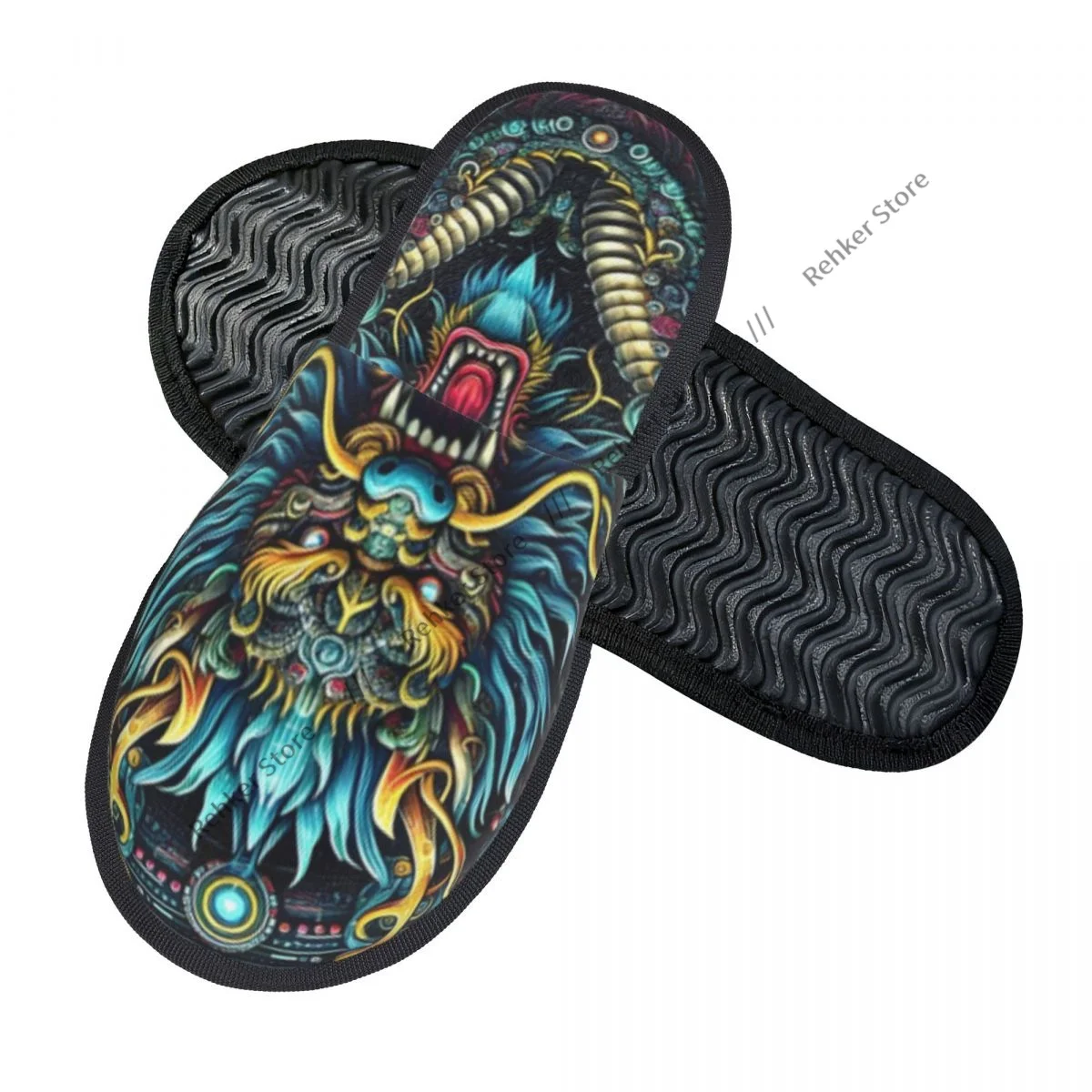 Soft Plush Cotton Colorful Dragon Head Psychedelic Slippers Shoes Non-Slip Floor Indoor Furry Slippers For Bedroom