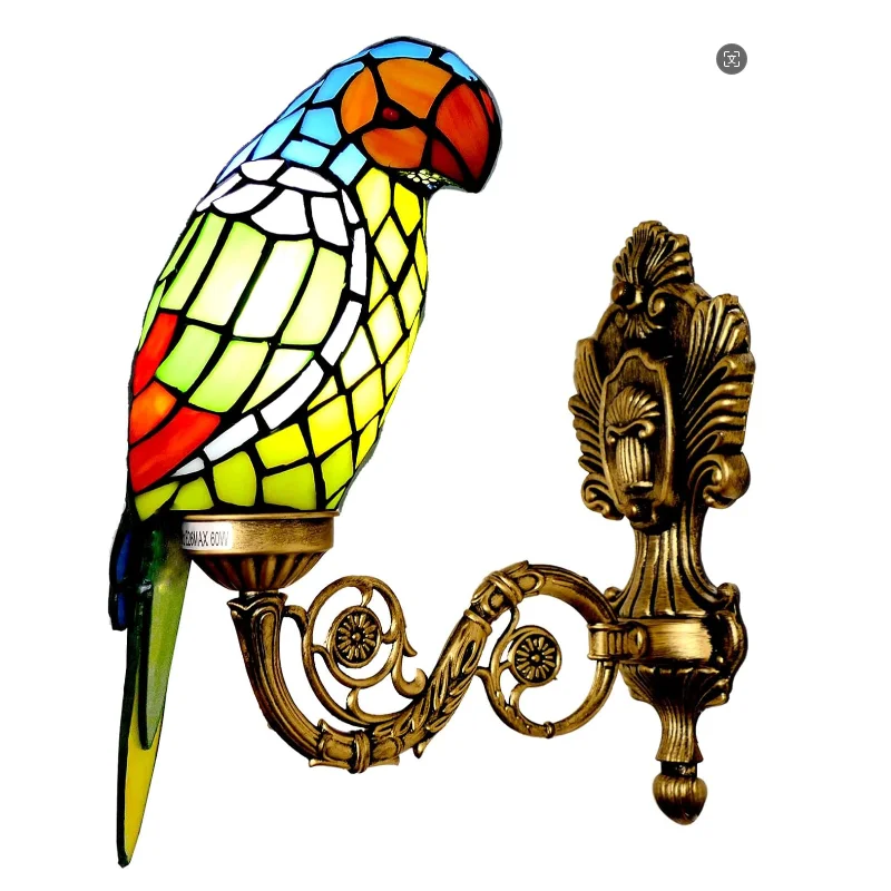 

American Retro Yellow Parrot Stained Glass Wall Lamp Vintage Iron Body with E26 Base for Garden Home Corridor Decoration